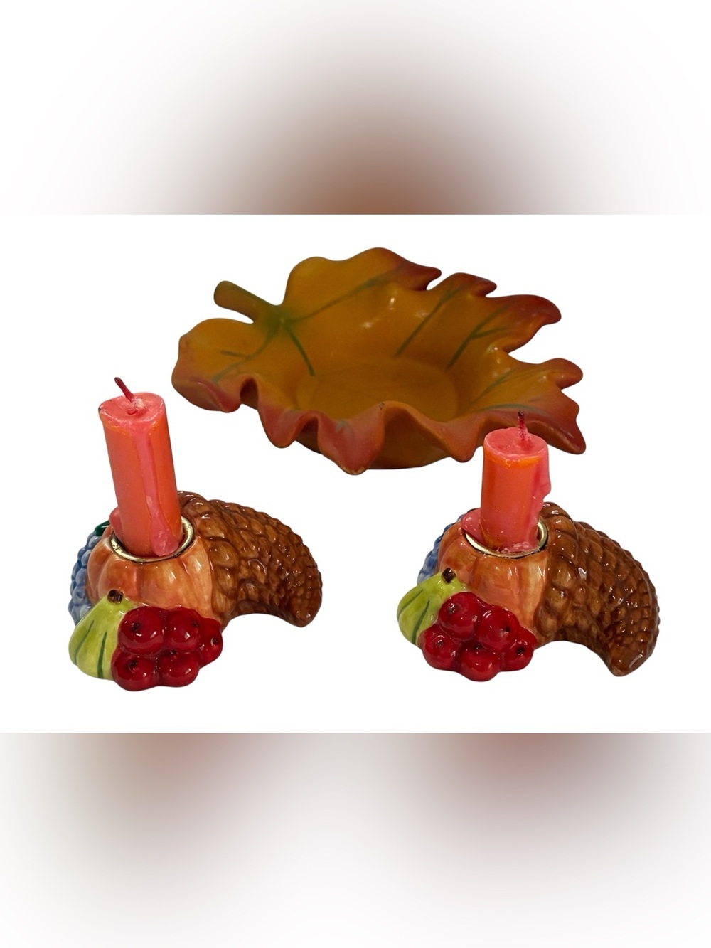 FALL THANKSGIVING BUNDLE VINTAGE CORNUCOPIA CANDLE HOLDERS PARTYLITE LEAF